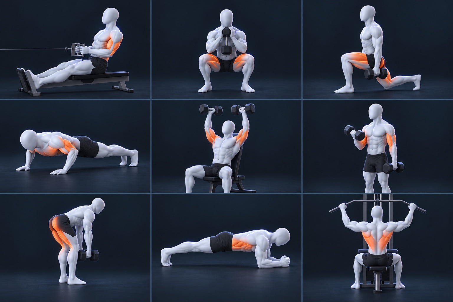 Nove manichini anatomici mostrano esercizi di forza